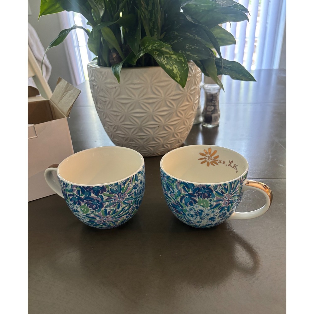 Lilly Pulitzer Floral Ceramic Coffee Mug Set of 2 Gold Handle Blue Green Floral